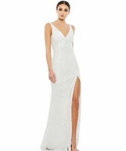 Mac Duggal Sequined High Slit Evening Gown
