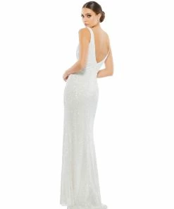 Mac Duggal Sequined High Slit Evening Gown