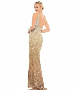 Mac Duggal Sequined High Slit Evening Gown