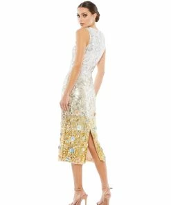 Mac Duggal Metallic Ombré Floral Embellished Sleeveless Midi Dress