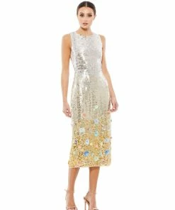 Mac Duggal Metallic Ombré Floral Embellished Sleeveless Midi Dress