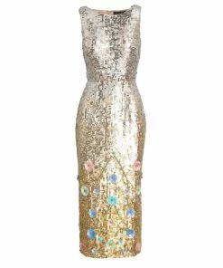 Mac Duggal Metallic Ombré Floral Embellished Sleeveless Midi Dress