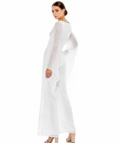 Mac Duggal Fully Sequined Plunging White Jumpsuit