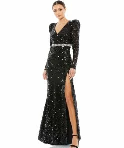Mac Duggal Sequined Puff Shoulder Rhinestone Dot Gown Shop For