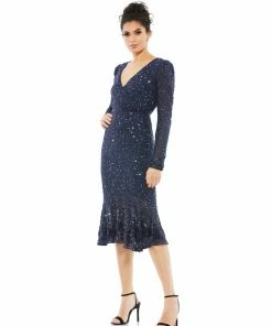 Mac Duggal Sequined Long Sleeve Midi Trumpet Dress Shop For