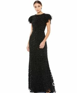 Mac Duggal Floral Embellished Flutter Sleeve Evening Gown Shop For