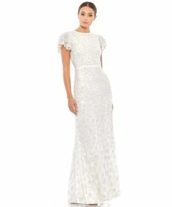 Mac Duggal Floral Embellished Flutter Sleeve Evening Gown Shop For