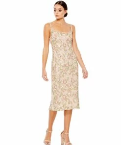 Mac Duggal Floral Beaded Midi Sheath Dress
