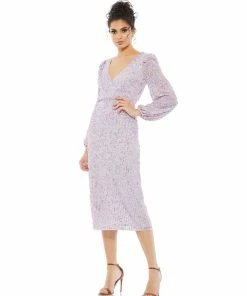 Mac Duggal Blouson Sleeve Sequined Surplice Midi Dress