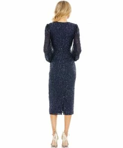 Mac Duggal Blouson Sleeve Sequined Surplice Midi Dress
