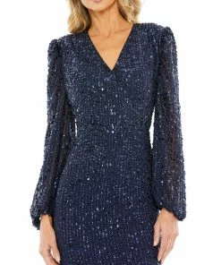 Mac Duggal Blouson Sleeve Sequined Surplice Midi Dress