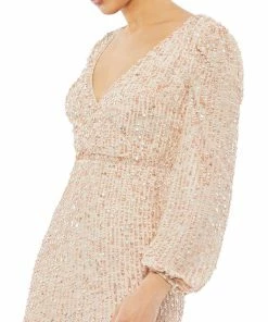 Mac Duggal Blouson Sleeve Sequined Surplice Midi Dress