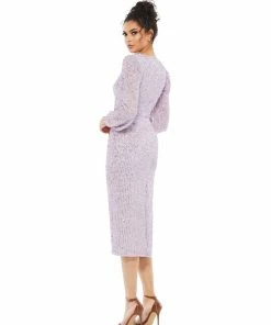 Mac Duggal Blouson Sleeve Sequined Surplice Midi Dress