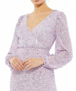 Mac Duggal Blouson Sleeve Sequined Surplice Midi Dress