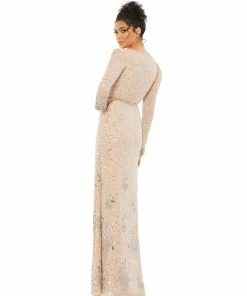 Mac Duggal Puff Sleeve Floral Beaded Surplice Gown