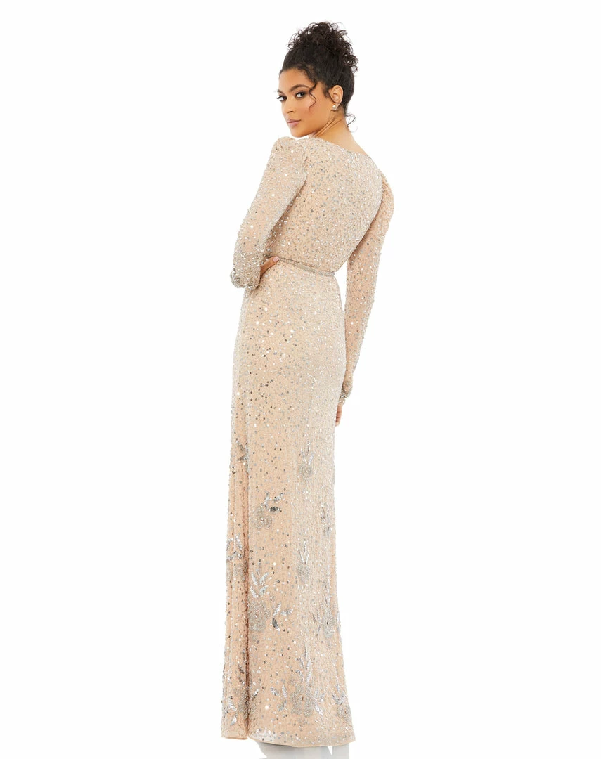 Mac Duggal Puff Sleeve Floral Beaded Surplice Gown 2 Mac Duggal Puff Sleeve Floral Beaded Surplice Gown