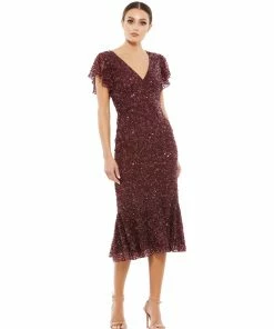Mac Duggal Shop For Sequined Flutter Sleeve Midi Dress