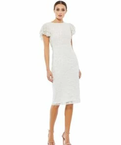 Mac Duggal Floral Embellished Flutter Sleeve Midi Dress