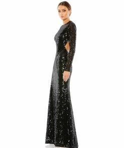 Mac Duggal Sequined Long Sleeve High Neck Open Back Gown