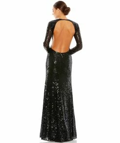 Mac Duggal Sequined Long Sleeve High Neck Open Back Gown