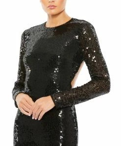 Mac Duggal Sequined Long Sleeve High Neck Open Back Gown