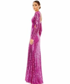 Mac Duggal Sequined Long Sleeve High Neck Open Back Gown