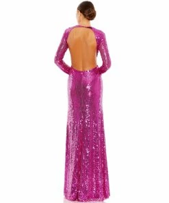 Mac Duggal Sequined Long Sleeve High Neck Open Back Gown