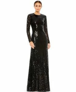 Mac Duggal Sequined Long Sleeve High Neck Open Back Gown