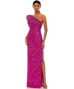 Mac Duggal Embellished Puff One Shoulder Column Gown