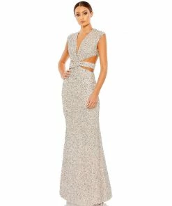 Mac Duggal Sequined Cap Sleeveless Plunge Neck Cut Out Gown Shop For