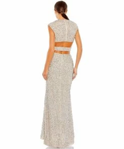 Mac Duggal Sequined Cap Sleeveless Plunge Neck Cut Out Gown Shop For