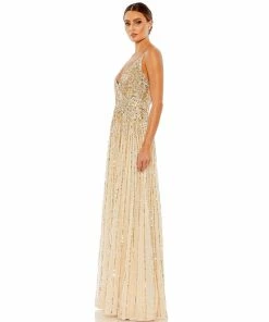Mac Duggal Sequined Sleeveless Wrap Over A-Line Gown Shop For