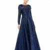 Mac Duggal Long Sleeve A-Line Floral Applique Gown