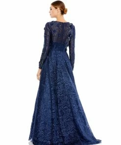 Mac Duggal Long Sleeve A-Line Floral Applique Gown