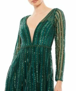 Mac Duggal Plunging Striped Sequin Long Sleeve Gown