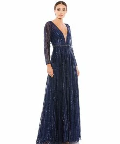 Mac Duggal Plunging Striped Sequin Long Sleeve Gown