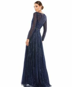 Mac Duggal Plunging Striped Sequin Long Sleeve Gown