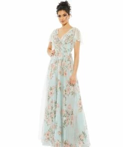 Mac Duggal Floral Flutter Sleeve V-Neck Maxi Dress