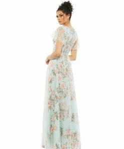 Mac Duggal Floral Flutter Sleeve V-Neck Maxi Dress