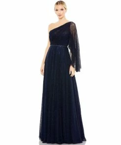 Mac Duggal Shop For One-Shoulder Bell Sleeve Lace Gown
