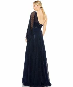 Mac Duggal Shop For One-Shoulder Bell Sleeve Lace Gown