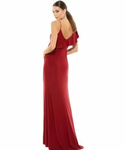 Ieena For Mac Duggal Asymmetric Jersey Ruffled Cap Sleeve Gown