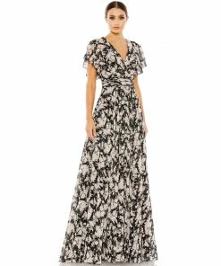 Mac Duggal Floral Print Flutter Sleeve A Line Gown Wedding Guest
