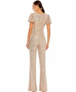 Ieena For Mac Duggal Shop For Sequined Puff Shoulder Illusion Cut Out Jumpsuit