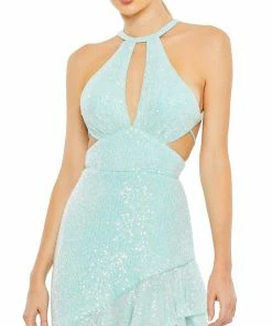 Ieena For Mac Duggal Sequined Halter Cut Out Ruffle Asymmetrical Dress Shop For