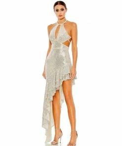 Ieena For Mac Duggal Sequined Halter Cut Out Ruffle Asymmetrical Dress Shop For