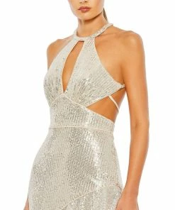 Ieena For Mac Duggal Sequined Halter Cut Out Ruffle Asymmetrical Dress Shop For