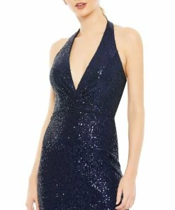 Ieena For Mac Duggal Sequined Halter Plunge Neck Gown