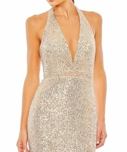 Ieena For Mac Duggal Sequined Halter Plunge Neck Gown