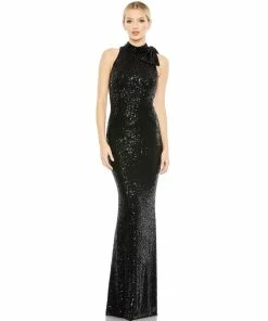 Ieena For Mac Duggal Sequined Soft Tie Halter Neck Column Gown